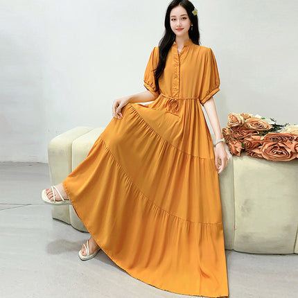 Cross-border chubby girl Super plus size Women's Dress Southeast Asian Short-sleeved Cotton Silk Large Swing Dress Mid-sleeved Beach Dress