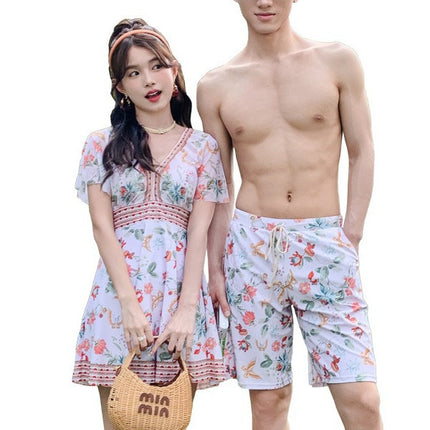 Couple's Matching Set: Women's Two-Piece Skirt-Style Swimsuit with Underwire and Gathering Effect, Conservative Summer Beach Shorts for Men, Suitable for Hot Springs and Vacation