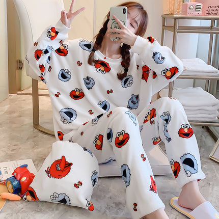 2024 New Autumn and Winter Coral Velvet Cartoon Stripesd Women's Pajamas Thickeneded and Wearable Home Wear Set