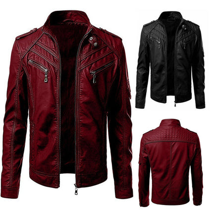 2025 New Autumn and Winter Leather Jacket Men's Color Splicing Stand Collar Top Jacket E9G881 European Station Hot Sale Wish