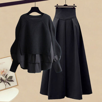 Autumn with a set of 2024 new plus size wear fake two-piece shirt top women's skirt two-piece set