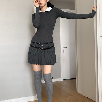 Dorothy Clothing South Korea Fashionable Fake Two-Piece Shirt Collar Academy Style Slim-Fit Stitching dress Pleated Dress for Women