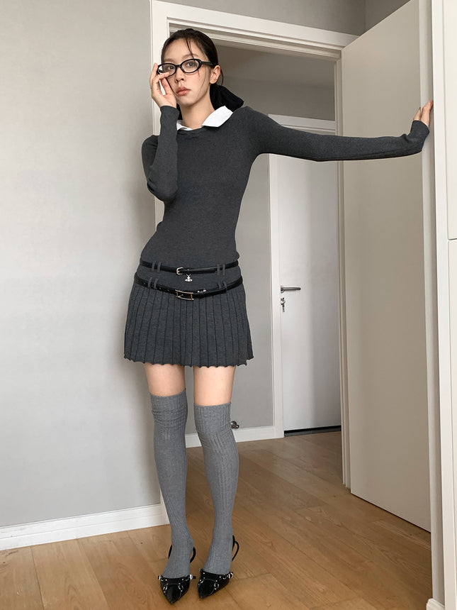 Dorothy Clothing South Korea Fashionable Fake Two-Piece Shirt Collar Academy Style Slim-Fit Stitching dress Pleated Dress for Women