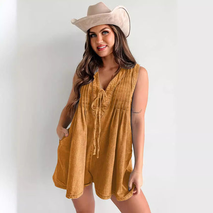 2025 European and American Cross-Border Summer New Products: Street Fashion Sleeveless Short-Sleeve Denim Jumpsuit 9025