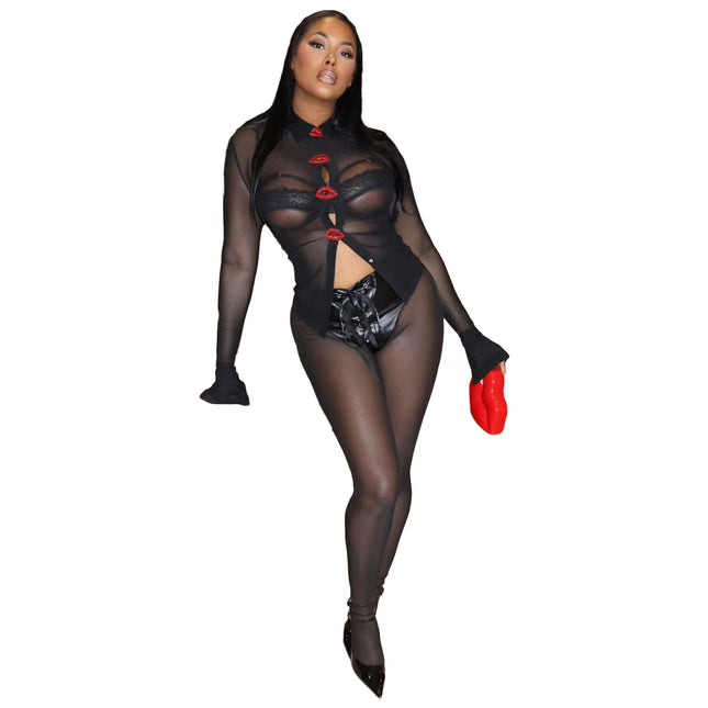 [in Stock] Y2678 European and American Style 2025 Long Sleeve Rhinestone Lip Button Mesh Shirt + Leather Mesh Pants Two-Piece Set