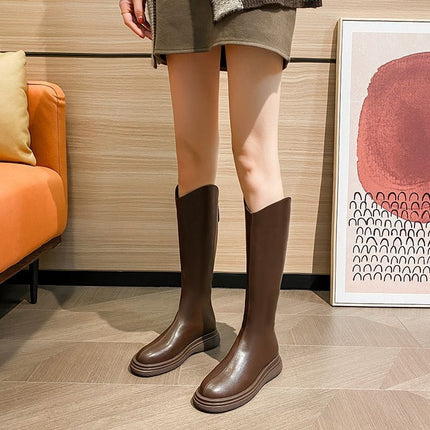 Fashionable and Elegant Long Slim Boots with Back Zipper, Knee-High Thick-Soled High Boots, 2025 Spring New Plush Women's Boots
