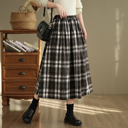 Real Shot of Thickeneded Woolen Elastic Waist Casual Plaid Skirt Retro Literary A-Line Skirt for Women 2025 Autumn and Winter New Products