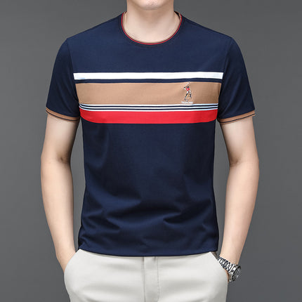 Famous Mouse Men's Summer New Men's Cotton T-Shirt Round Neck Striped Business Loose Short-Sleeved T-Shirt Top Men