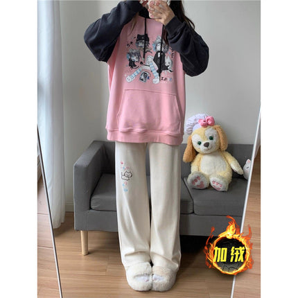 Apricot Japanese Dopamine Cute Girl Cat Print Casual Pants for Female Students Loose Drape Commuting Trousers