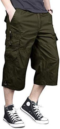 Magnivit Men's Cropped Pants Long Elastic Cargo Shorts Below Knee Shorts 3\/4 Cotton Cargo