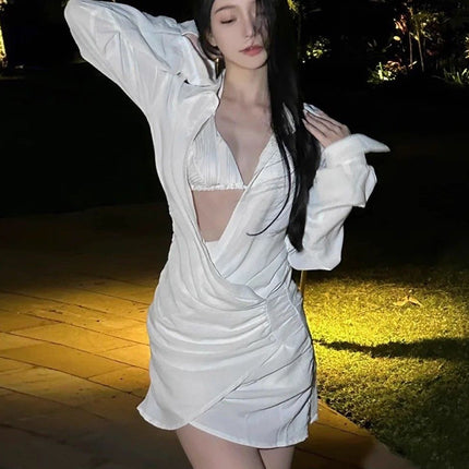 Ins Seaside Beach Vacation Bikini Shirt Dress Swimsuit Women's Three-Piece Set to Cover Belly Internet Celebrity Small Breasts Popular Summer