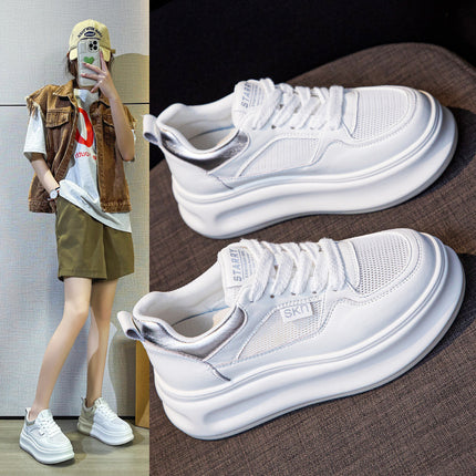 Women's White Sneakers with Hidden Height Increase, 2026 Summer Thin Mesh Breathable Sports Casual Sneakers, Popular Genuine Leather Platform Shoes
