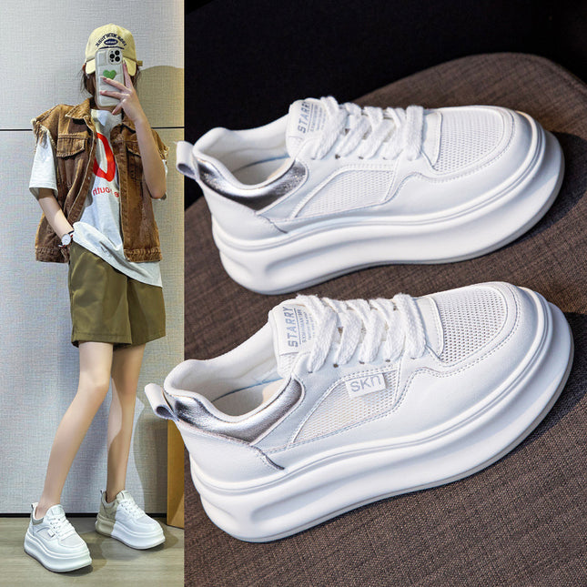 Women's White Sneakers with Hidden Height Increase, 2026 Summer Thin Mesh Breathable Sports Casual Sneakers, Popular Genuine Leather Platform Shoes