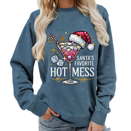 Amazon source hot mess wine glass printed round neck jacket sweater European size European and American women's coat long sleeve Asia