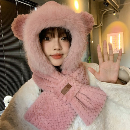 Cute Bear Plush Hat and Scarf Set for Women, Autumn and Winter Thickened Warm Cycling Cold-Proof Ear Protection Lei Feng Hat