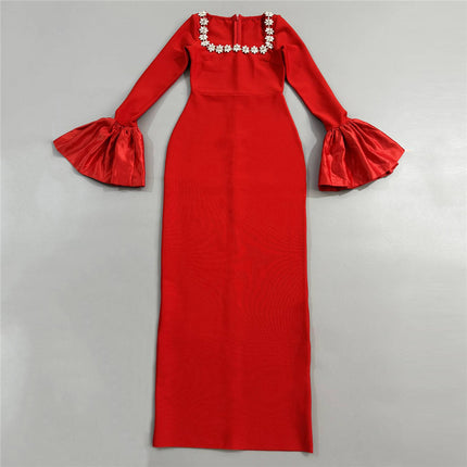 Cross-border European and American Socialite Elegant Nail Drill Horn Sleeve Bandage dress Banquet Party Evening Dress
