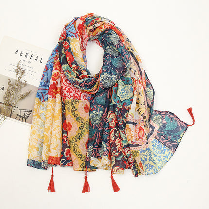 Fresh and Elegant Red Petal Mixed Printed Tassel Gauze Women's Cotton and Linen Scarf Travel Decorative Shawl