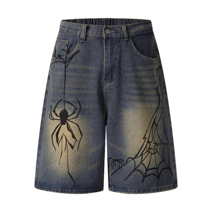 Cross-Border Popular Source | Hand-Painted Spider Denim Shorts Men's Summer Loose Retro Distressed Blue Straight-Leg Trousers