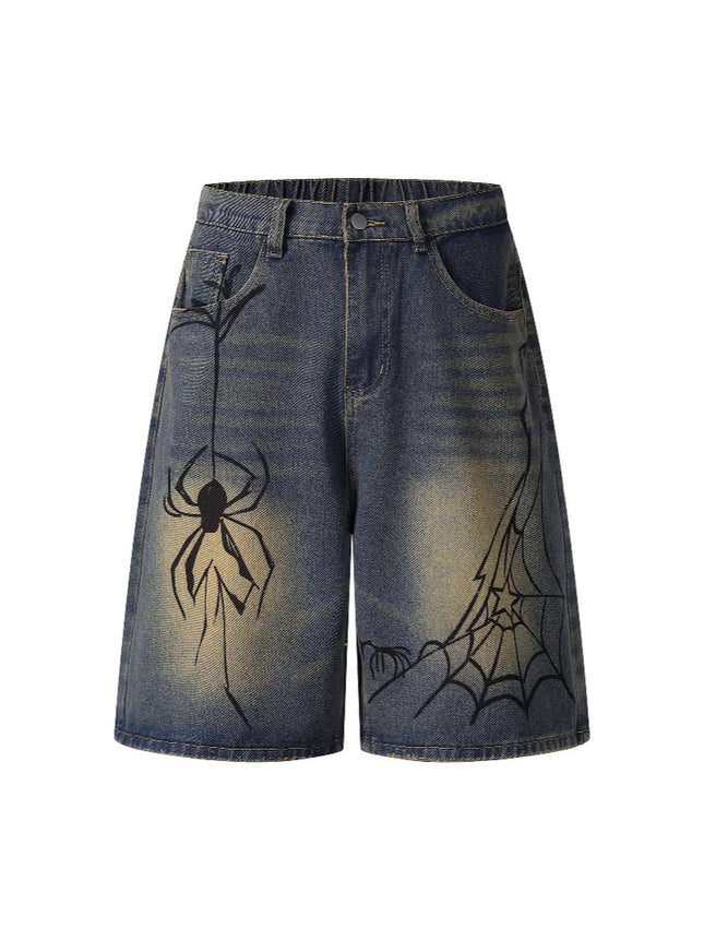 Cross-Border Popular Source | Hand-Painted Spider Denim Shorts Men's Summer Loose Retro Distressed Blue Straight-Leg Trousers