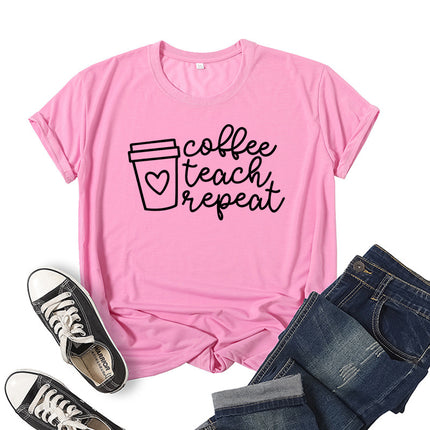 in stock Foreign Trade Cross-border Coffee Tea Repeat Printed Short-sleeved Crewneck T-shirt for European and American Men and Women