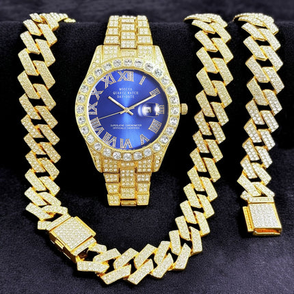 [Bross-Border Hot Item] 16-Piece Set of Various Diamond-Encrusted Watches, Diamond-Shaped Cuban Bracelets and Necklaces, Three-Piece Set