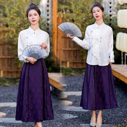 National style horse face skirt two-piece jacquard shirt elastic waist horse face skirt new Chinese 2024 new suit