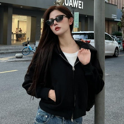 Shandong Jimo Mancaidi Brand American Street Short Double-Ended Zipper Cardigan Hooded Sweatshirt Women's Trendy Hoodie