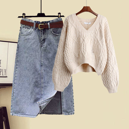 Plus Size Women's Spring and Autum Suit Women's 2025 New Knitted Sweater Slimming Look Versatile Denim Skirt Two-Piece Set
