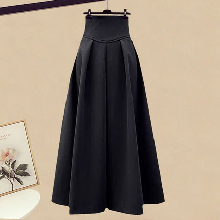 Autumn with a set of 2024 new plus size wear fake two-piece shirt top women's skirt two-piece set