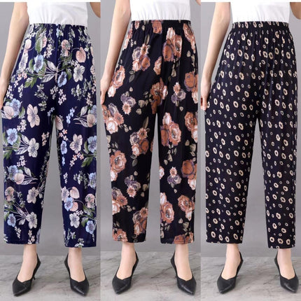 Middle-Aged and Elderly Women's Summer Thin Floral Pants, Loose Fit, Ice Silk Cropped Granny Pants, Direct from Manufacturer