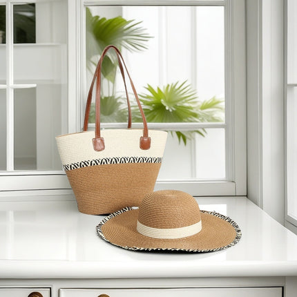 Cross-Border Straw Hat Straw Bag Two-Piece Set Sun Hat Large Capacity Striped Tote Bag Shoulder Bag Beach Bag Factory Store