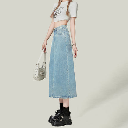 Split Denim Skirt Women's 2025 All-match New Arrival light blue A- Line Skirt Small Slimming Mid-length Hip Skirt