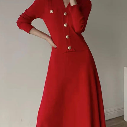 Star Same Style Red Knitted dress Women's Christmas New Year's Daily Engagement Toast Dress Black Tea Style Sweater Dress