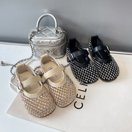 0316 Children's Sandals Sweet Rhinestone Shallow Mouth Small Leather Shoes 2025 Summer New Girls Hollow Fashion Princess Shoes