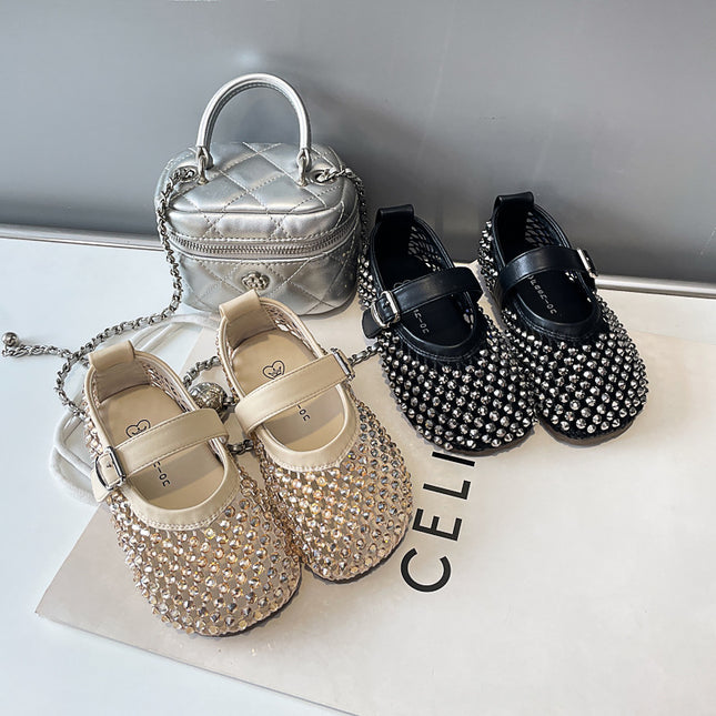0316 Children's Sandals Sweet Rhinestone Shallow Mouth Small Leather Shoes 2025 Summer New Girls Hollow Fashion Princess Shoes