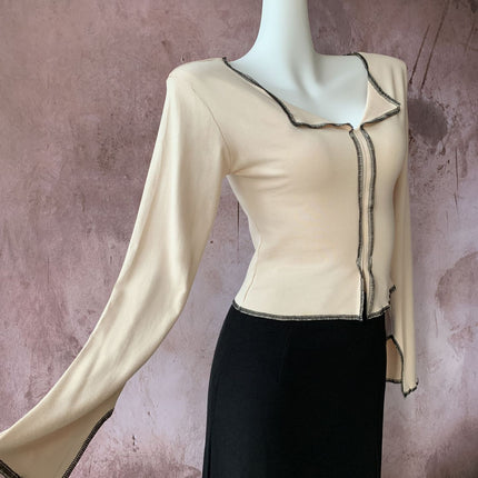 Autumn New Open Line Design Sense Half-open Collar Long-sleeved T-shirt Women's Chic Niche Split Lapel Spice Girls Short Top