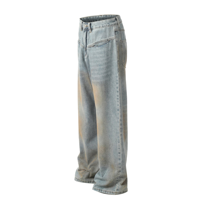 D1627 American Retro High Street Fashion Heavy-Duty Distressed Spray-Painted Design Loose-Fitting Unisex Denim Jeans