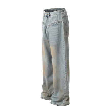 D1627 American Retro High Street Fashion Heavy-Duty Distressed Spray-Painted Design Loose-Fitting Unisex Denim Jeans