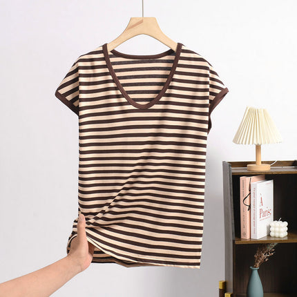 Cross-border Loose plus size Modal Sleeveless Round Neck Striped T-shirt Summer Thin Loose Slimming Casual Base Shirt