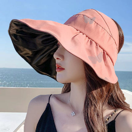 Printed Butterfly Empty Top Sunscreen Hat Big Riding Windproof Hat for Cycling Covering Face All-match Anti-ultraviolet Riding Sunscreen Hat
