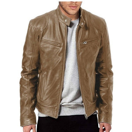 2022 Autumn/Winter New Men's Zipper Cardigan Pocket Pu Leather Stand Collar Slim Fit Motorcycle Leather Jacket Coat