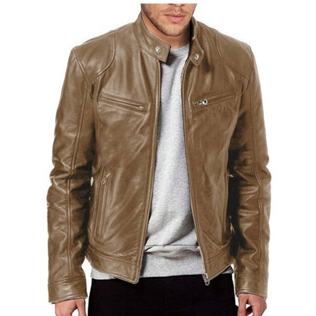 2022 Autumn/Winter New Men's Zipper Cardigan Pocket Pu Leather Stand Collar Slim Fit Motorcycle Leather Jacket Coat