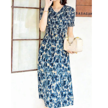 Miyake pleated 2025 summer new temperament round neck printed pleated skirt fashion waist thin magic dress