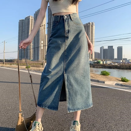 Short Hipped Denim Skirt Women's Trendy All-match Retro High Waist Slimming Split A- Line Mid-length Skirt