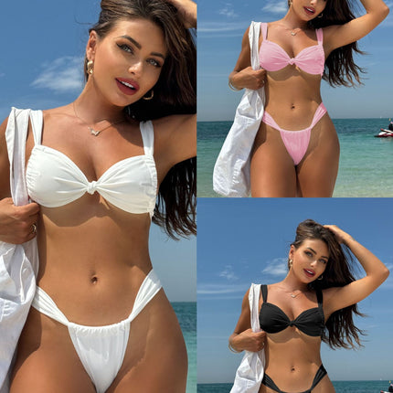 2025 European and American Sexy Pure Color New Style Knotted Strap Split Swimsuit Swimsuit Bikini Bikini Cross-Border Export