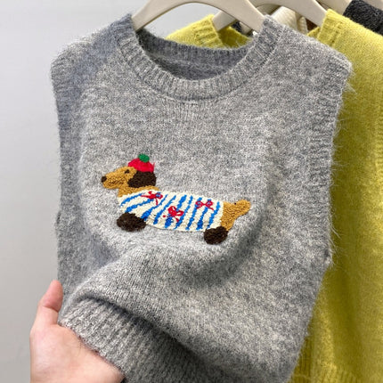 Cartoon Dachshund Dog Embroidered Knitted Vest for Women 2026 Spring New Style Layered Fashionable Soft Sleeveless Sweater