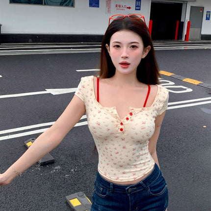 [Padded] Pure Desire Fake Two-Piece Floral Short-Sleeved T-Shirt Hot Girl Backless Slimming Short Top with Breast Pad
