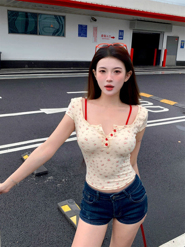 [Padded] Pure Desire Fake Two-Piece Floral Short-Sleeved T-Shirt Hot Girl Backless Slimming Short Top with Breast Pad