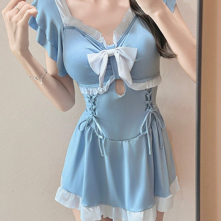 Swimsuit for Women 2025 New Sweet Bow One-Piece Skirt Style Conservative Slimming Look Belly-Covering Vacation Swimsuit Student Hot Spring
