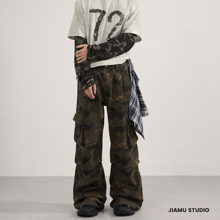Jiamu American High Street Camouflage Casual Cargo Pants for Men and Women with Three-Dimensional Cut and Multi-Pocket Design, Unisex Straight Fit
